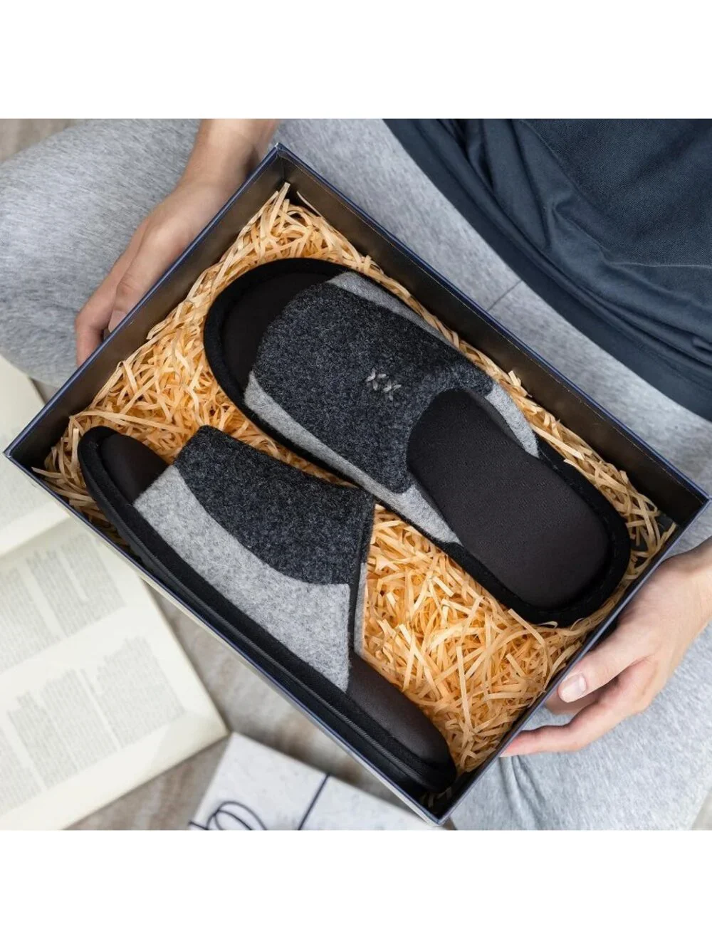 Men's Charcoal Black Cozy Memory Foam Anti Skid Slip On House Slipper Shoes